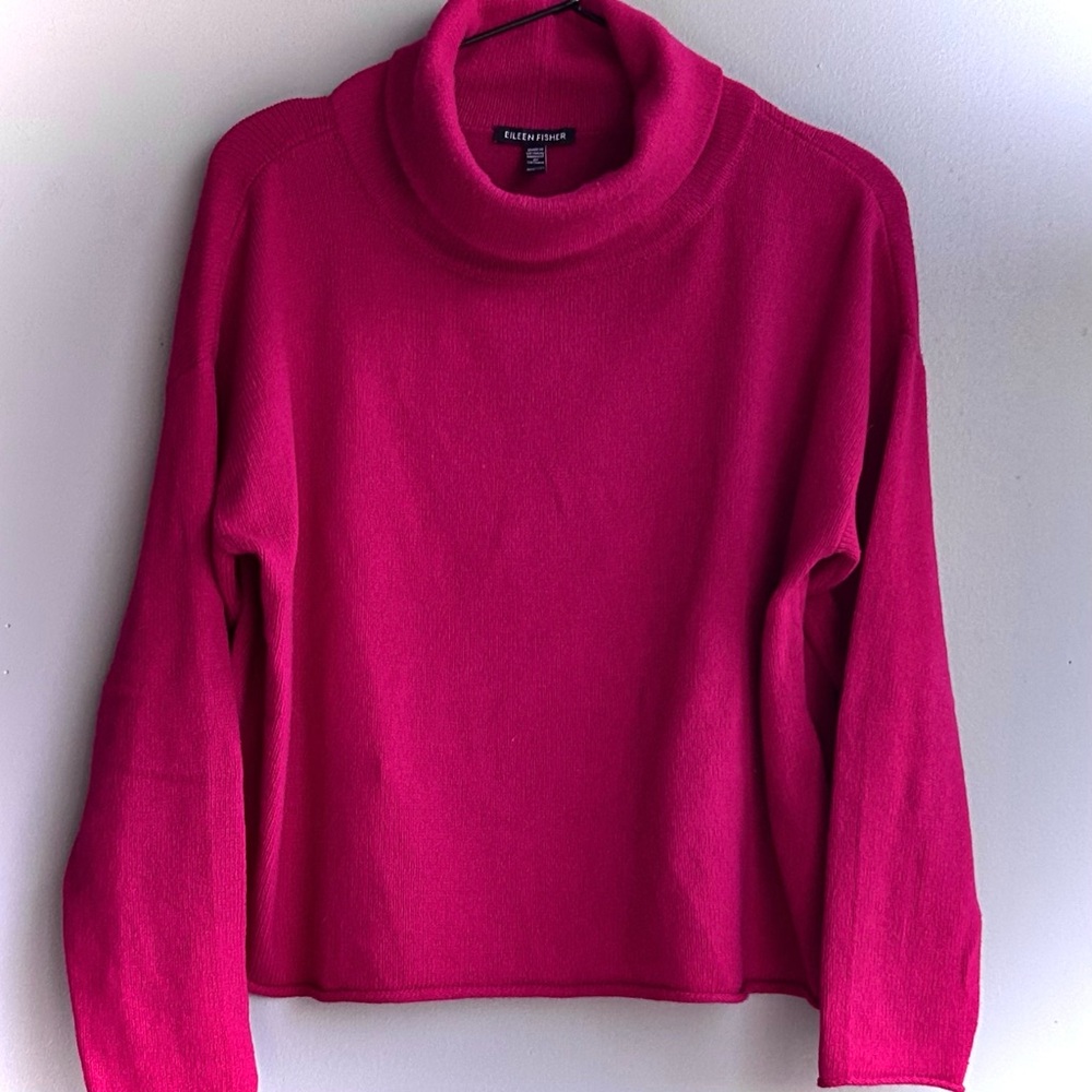 EILEEN FISHER raspberry cotton/cashmere oversize sweater w/soft cowl